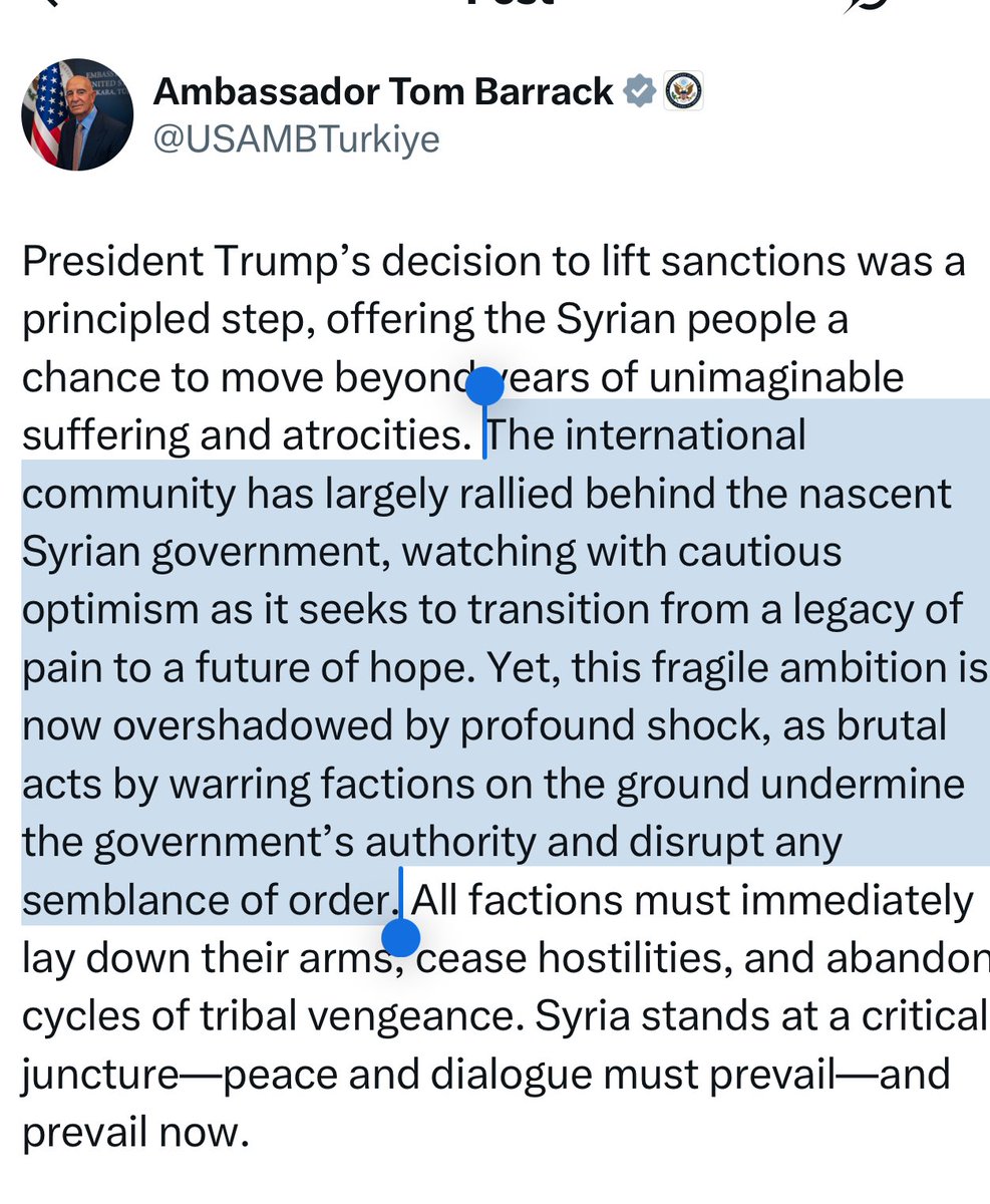 HibaNasr's tweet image. . @USAMBTurkiye : The international community has largely rallied behind the nascent Syrian government, watching with cautious optimism as it seeks to transition from a legacy of pain to a future of hope. Yet, this fragile ambition is now overshadowed by profound shock..