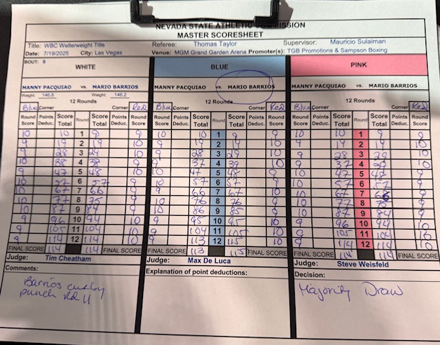 PRProSanDiego's tweet image. The scorecard for #PacquiaoBarrios Barrios wins the 12th round to pull out the majority draw. @NYFights