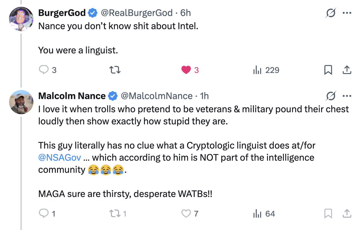plum83006's tweet image. I know what a Navy cryptologic linguist does at/for @NSAGov, because I was one — and served contemporaneously with @MalcolmNance. My daughter is also an Air Force cryptologic linguist, in my target language, at NSA now.
Nance's reputation in our community was/is dogshit.