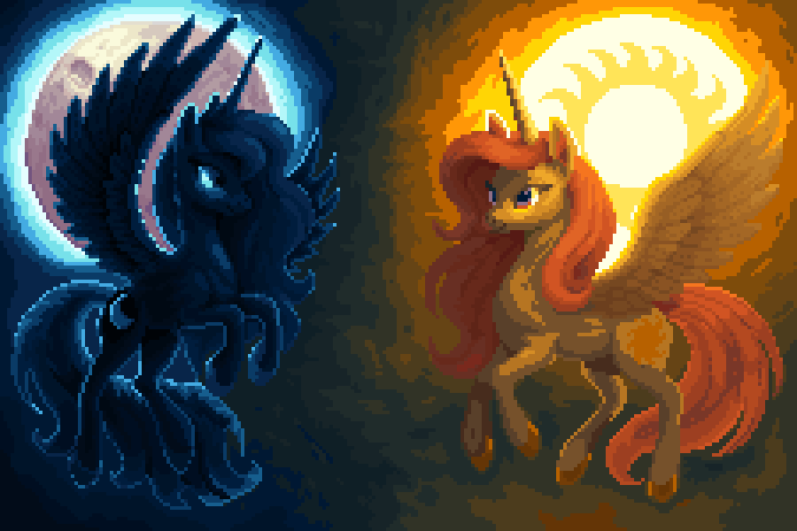 Vicious13337's tweet image. Just Two Demi-God Sisters Chilling in the Either.
mlp, Luna, Celestia, #ドット絵 #pixelart #ピクセルアート