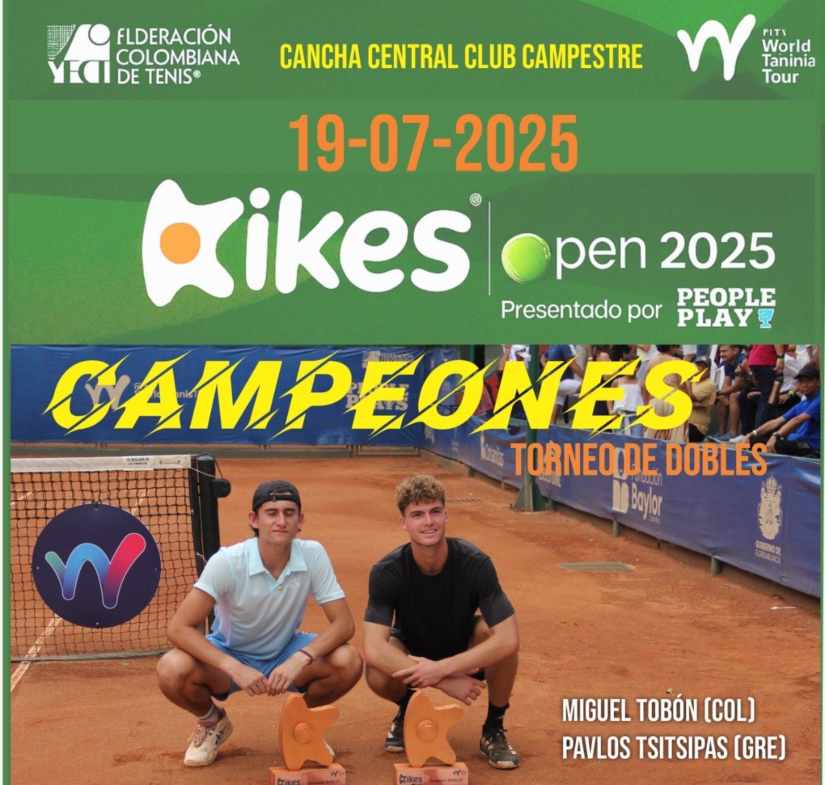 #Deporte📰El colombiano #MiguelTobón y el griego #PavlosTsitsipas se coronaron 🏆#Campeones del cuadro de #Dobles del #HuevosKikesOpenDeTenis🎾 Superaron a los brasileños Breno y Victor Braga. El torneo, presentado por <a href="/PeoplePlays_/">People Play's</a> se cumplió en el Club Campestre #Floridablanca.