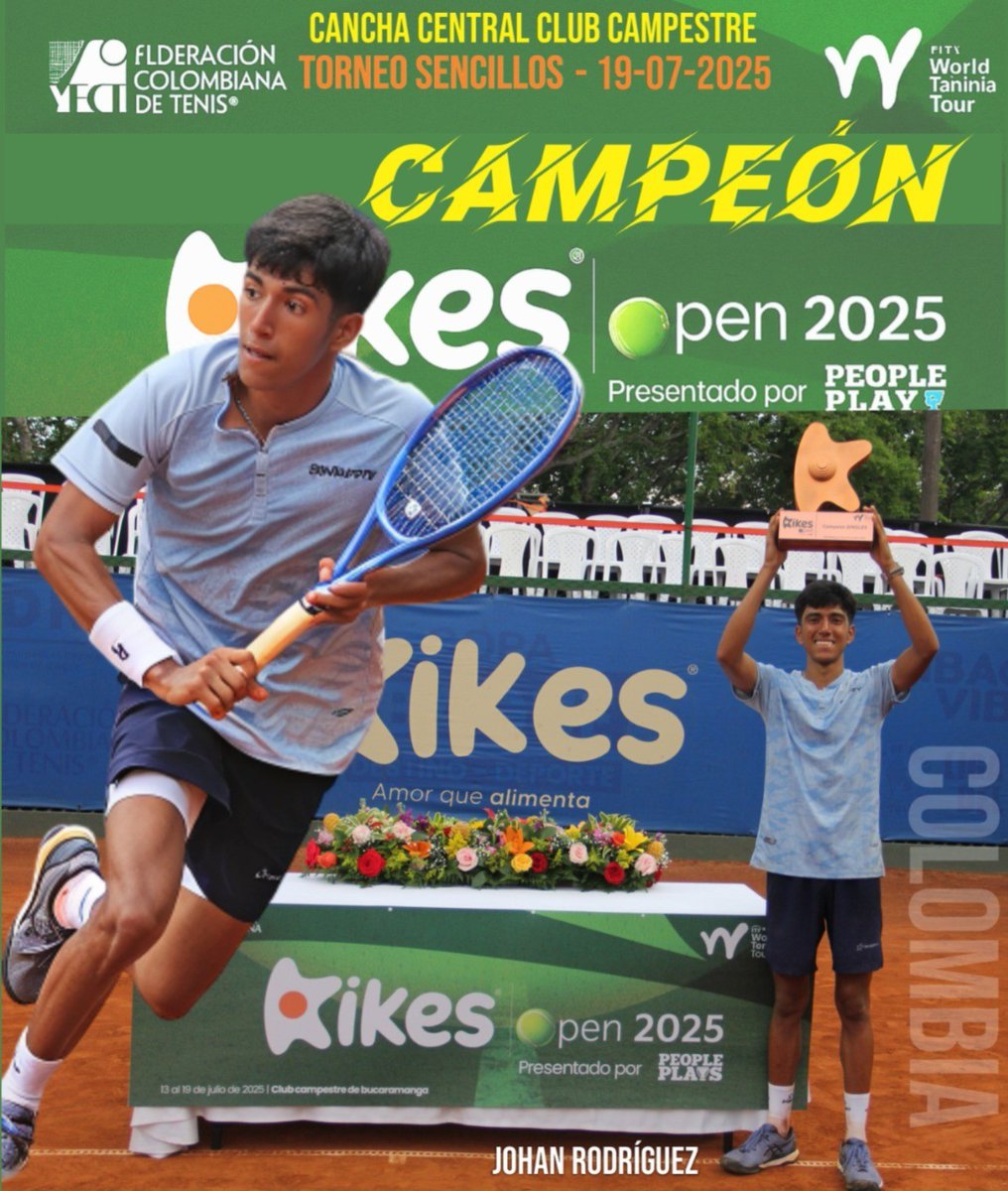 #Deporte📰Al vencer en una titánica batalla al maximo favorito, #EduardoRibeiro de #Brasil🇧🇷 el colombiano 🇨🇴 #JohanRodriguez se coronó 🏆#Campeon del #HuevosKikesOpenDeTenis🎾 presentado por <a href="/PeoplePlays_/">People Play's</a> y cumplido en el #ClubCampestre #Floridablanca🎾
<a href="/HuevosKikes/">Huevos Kikes</a>