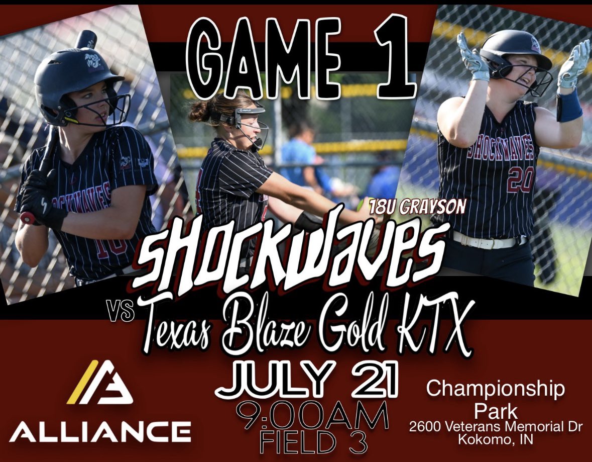 Excited to have the opportunity to compete with <a href="/ShockwavesG/">Indiana Shockwaves Grayson</a> this week in the <a href="/thealliancefp/">The Alliance Fastpitch</a> Tournament. Here is our day 1 schedule. Hope to see you there! <a href="/Kyle_coachK/">Kyle Gross</a> <a href="/HCSBCHARGERS/">Hillsdale College Softball</a> <a href="/TrahanAbby/">Abby Trahan</a> <a href="/UCArrowSoftball/">Ursuline Softball</a>