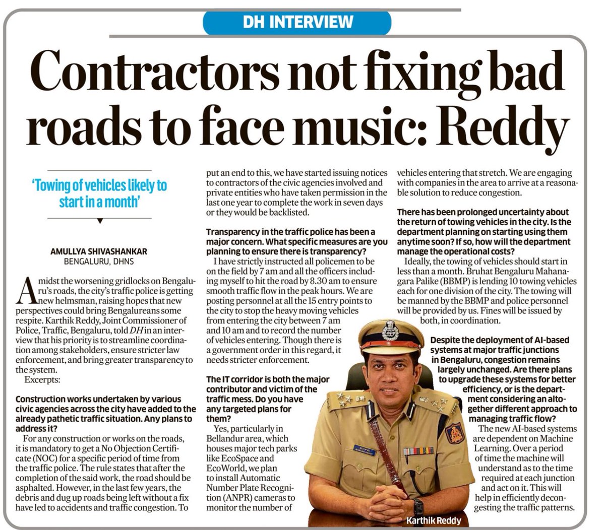 Amullya_23's tweet image. Bengaluru’s traffic mess gets a new leader. Joint Commissioner Karthik Reddy tells Deccan Herald his focus will be better coordination, stricter enforcement & more transparency to ease gridlock.
#BengaluruTraffic #DHExclusive
