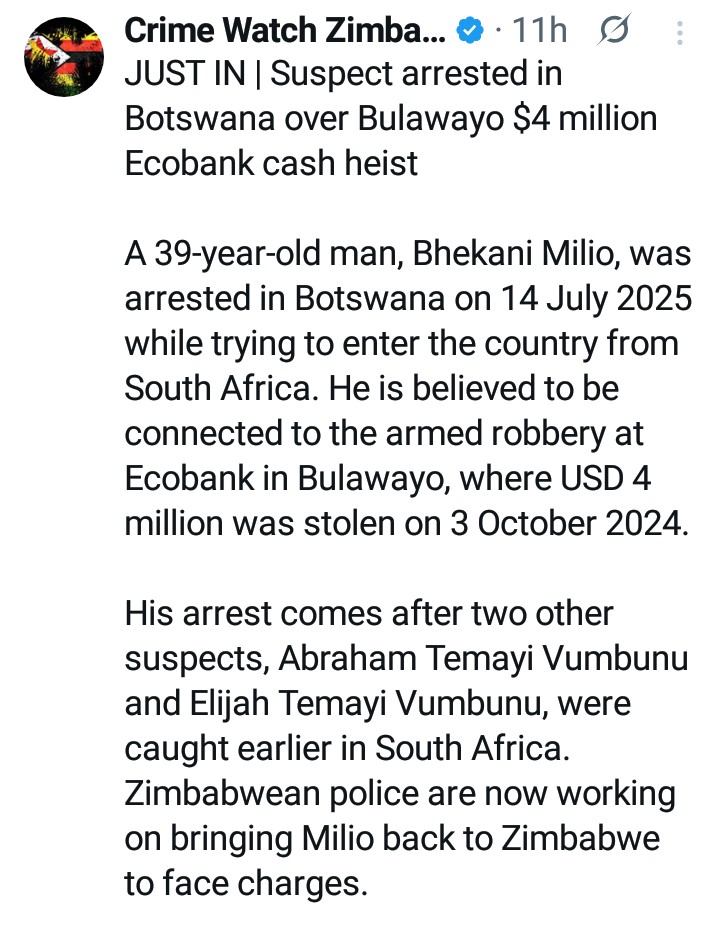 PatrioticMedia1's tweet image. SA: A DUMPING SITE FOR FOREIGN CRIMINALS
They were involved in criminal activities in Zimbabwe and then fled to SA. After 2 of his accomplices were arrested in SA, he tried to escape to Botswana but was arrested at the border.