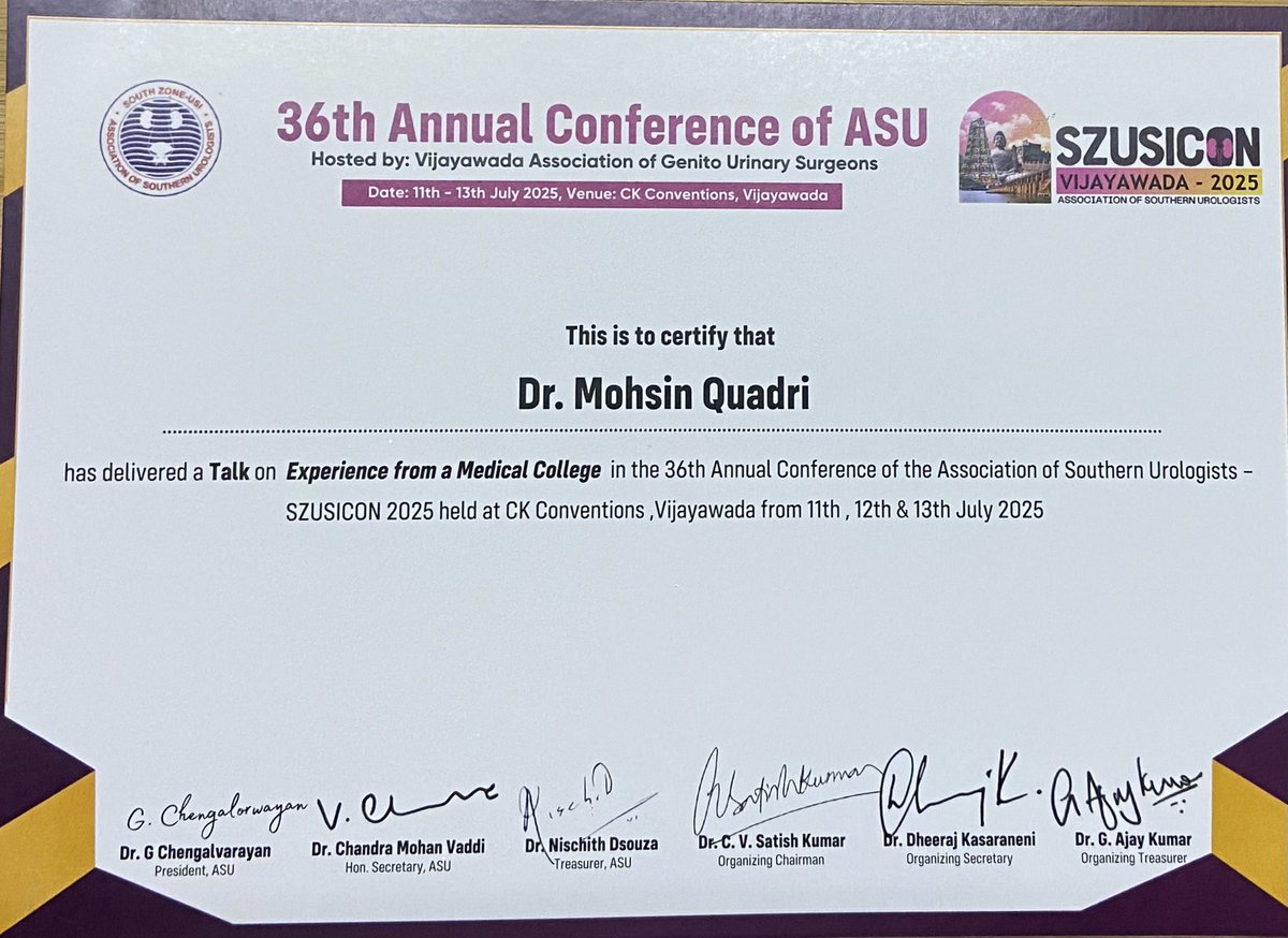 Delighted to present a lecture on "Career aspects in Medical Colleges" as part of guidance for Young Urologists at SZUSICON 2025 (Association of Southzone Urologist’s annual conference). #faculty #career #guidance #urology #academics #talk #mentor #mentee #leadership #proctor
