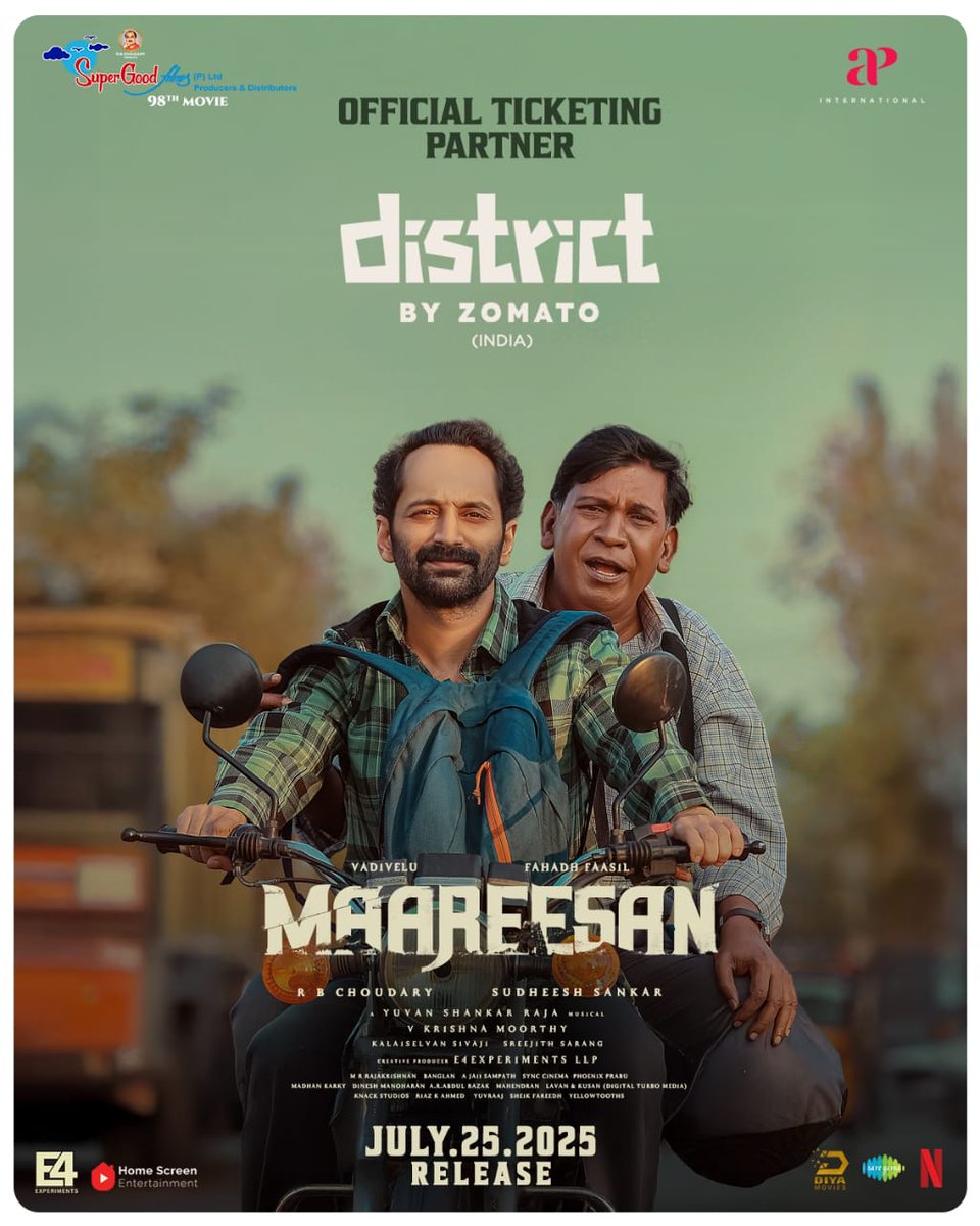 Jegan Kaviraj (@jegan_kaviraj) on Twitter photo We’re excited to announce our ticketing partner,District app by Zomato (India) Get ready to book your seats #Maareesan,hitting theatres on July 25.
#MaareesanFromJuly25
<a href="/thisisysr/">Raja yuvan</a>
<a href="/SuperGoodFilms_/">Super Good Films</a>
#FaFa #SudheeshSankar <a href="/e4echennai/">MUKESH RATILAL MEHTA</a> <a href="/APIfilms/">AP International</a> <a href="/cvsarathi/">cv.sarathi</a> <a href="/actorvivekpra/">Actor Vivek Prasanna</a> <a href="/proyuvraaj/">Yuvraaj</a> We’re excited to announce our ticketing partner,District app by Zomato (India) Get ready to book your seats #Maareesan,hitting theatres on July 25.
#MaareesanFromJuly25
<a href="/thisisysr/">Raja yuvan</a>
<a href="/SuperGoodFilms_/">Super Good Films</a>
#FaFa #SudheeshSankar <a href="/e4echennai/">MUKESH RATILAL MEHTA</a> <a href="/APIfilms/">AP International</a> <a href="/cvsarathi/">cv.sarathi</a> <a href="/actorvivekpra/">Actor Vivek Prasanna</a> <a href="/proyuvraaj/">Yuvraaj</a>