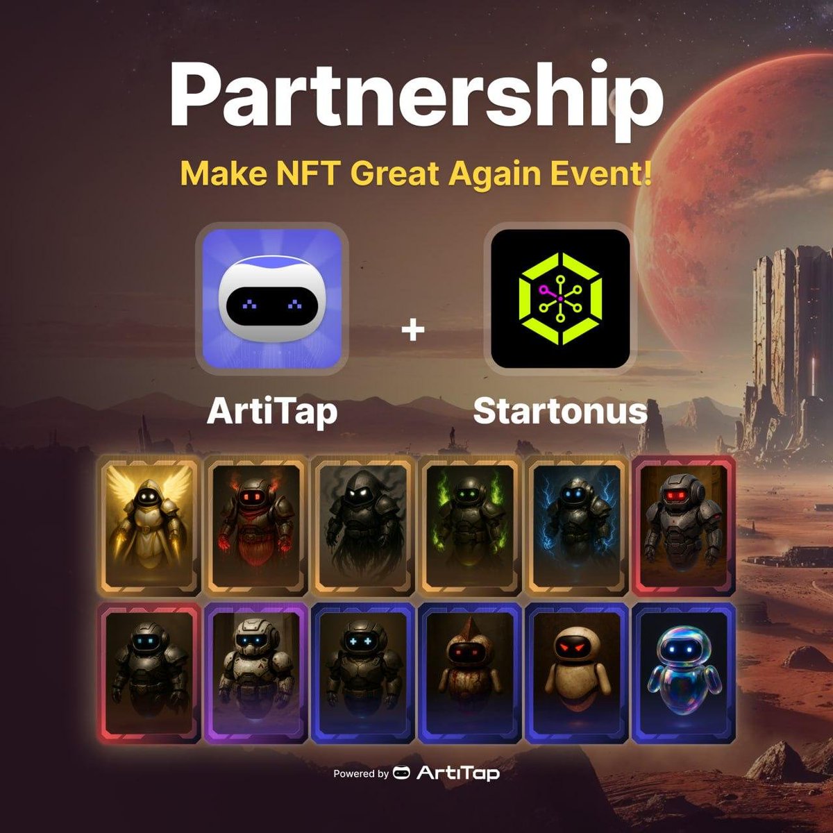 🤝ArtiTap x Startonus: start of the limited mint of NFT skins 

Startonus is a service that allows you to quickly and easily launch NFT collections in Telegram and beyond. Now limited game NFTs from ArtiTap are available for mint as part of the "MAKE NFT GREAT AGAIN