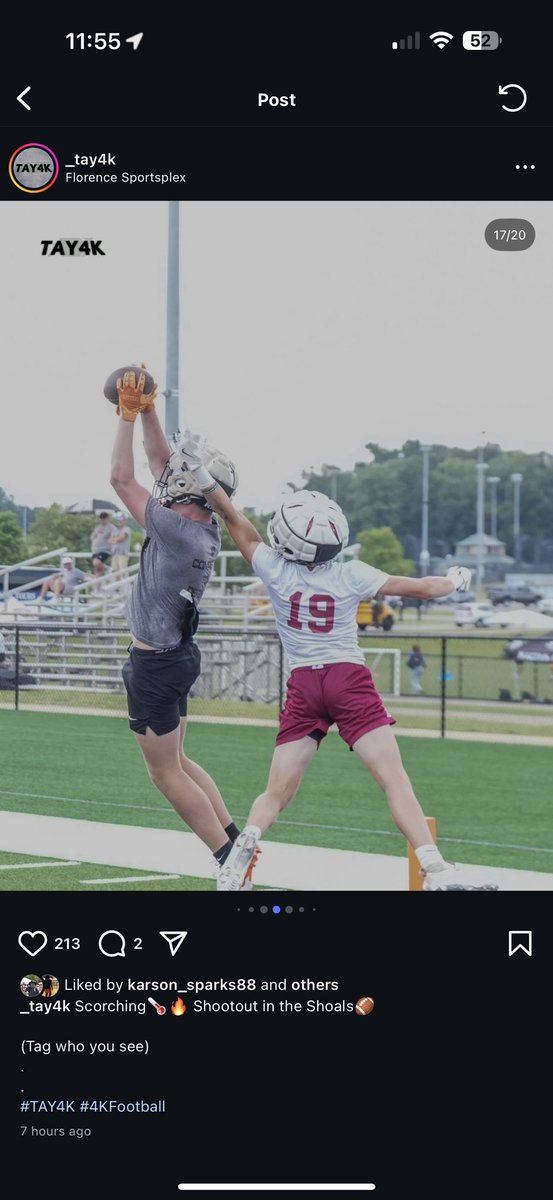 The guy catching the ball in this photo put on a CLINIC at the Florence 7 v. 7 shootout this past week! He turned a lot of heads with his athleticism and competitive edge! You can find him here: <a href="/reynolds_FCHS/">Payton reynolds</a> (TE 6’2” 200 lb. C/O 27’) <a href="/AL_Recruiting/">AL Recruiting</a> <a href="/UNAFootball/">North Alabama Football</a>