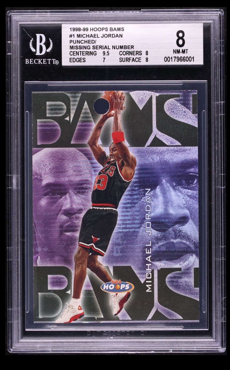 the27guy's tweet image. Notice anything weird about this ‘98 Hoops Bams MJ?
Give up?
It has a hole in it!
Because Hoops didn’t want their examples being confused with pack pulled copies, they hole punched the them.
This is something all card companies should do!
Pack pulled? Nope! Still Awesome!