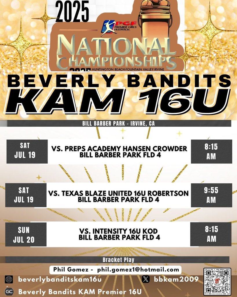 Come watch us play tomorrow morning at Bill Barber Park Field 4 8:15 am ! <a href="/bbkam2009/">Beverly Bandits Komara 16U Premier</a> <a href="/Philyg16/">Phillip Gomez</a> 

<a href="/BTelesco2/">Brandon Telesco</a> <a href="/CBUSoftball/">California Baptist Softball</a> <a href="/CoachMFrezzotti/">Magali Frezzotti</a> <a href="/PurdueSoftball/">Purdue Softball</a> <a href="/UCRSoftball/">UC Riverside Softball</a> <a href="/UCSDsoftball/">UC San Diego Softball</a> <a href="/seattleusb/">Seattle U Softball 🥎</a> <a href="/aamusoftball/">Alabama A&M Softball</a> <a href="/OaklandSoftball/">Oakland Softball</a> <a href="/AztecSoftball/">San Diego State Softball</a> <a href="/SacStSoftball/">Sacramento State Softball</a> <a href="/ucdavissoftball/">UC Davis Softball</a> <a href="/OregonSB/">Oregon Softball</a>