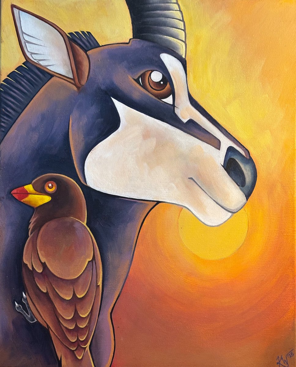 kmcritterart's tweet image. I find the relationship between oxpeckers and antelope quite interesting. I wanted to explore that concept in the form of a painting, resulting in this piece, “Symbiosis”