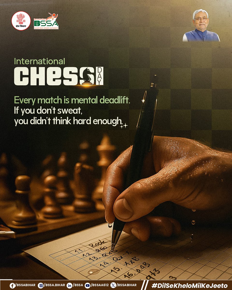 Bihar State Sports Authority (@bssabihar) on Twitter photo Where every move is a battle of minds, and every drop of sweat tells a story of strategy and focus. ♟
#InternationalChessDay #DilSeKheloMilKeJeeto #BiharSportsRevolution #GoldenEraOfSports #BiharSports #Bihar
<a href="/NitishKumar/">Nitish Kumar</a> <a href="/MLASurendraBJP/">Surendra Mehta</a> <a href="/DGBSSA/">DG BSSA</a> <a href="/IPRDBihar/">IPRD Bihar</a> Where every move is a battle of minds, and every drop of sweat tells a story of strategy and focus. ♟
#InternationalChessDay #DilSeKheloMilKeJeeto #BiharSportsRevolution #GoldenEraOfSports #BiharSports #Bihar
<a href="/NitishKumar/">Nitish Kumar</a> <a href="/MLASurendraBJP/">Surendra Mehta</a> <a href="/DGBSSA/">DG BSSA</a> <a href="/IPRDBihar/">IPRD Bihar</a>