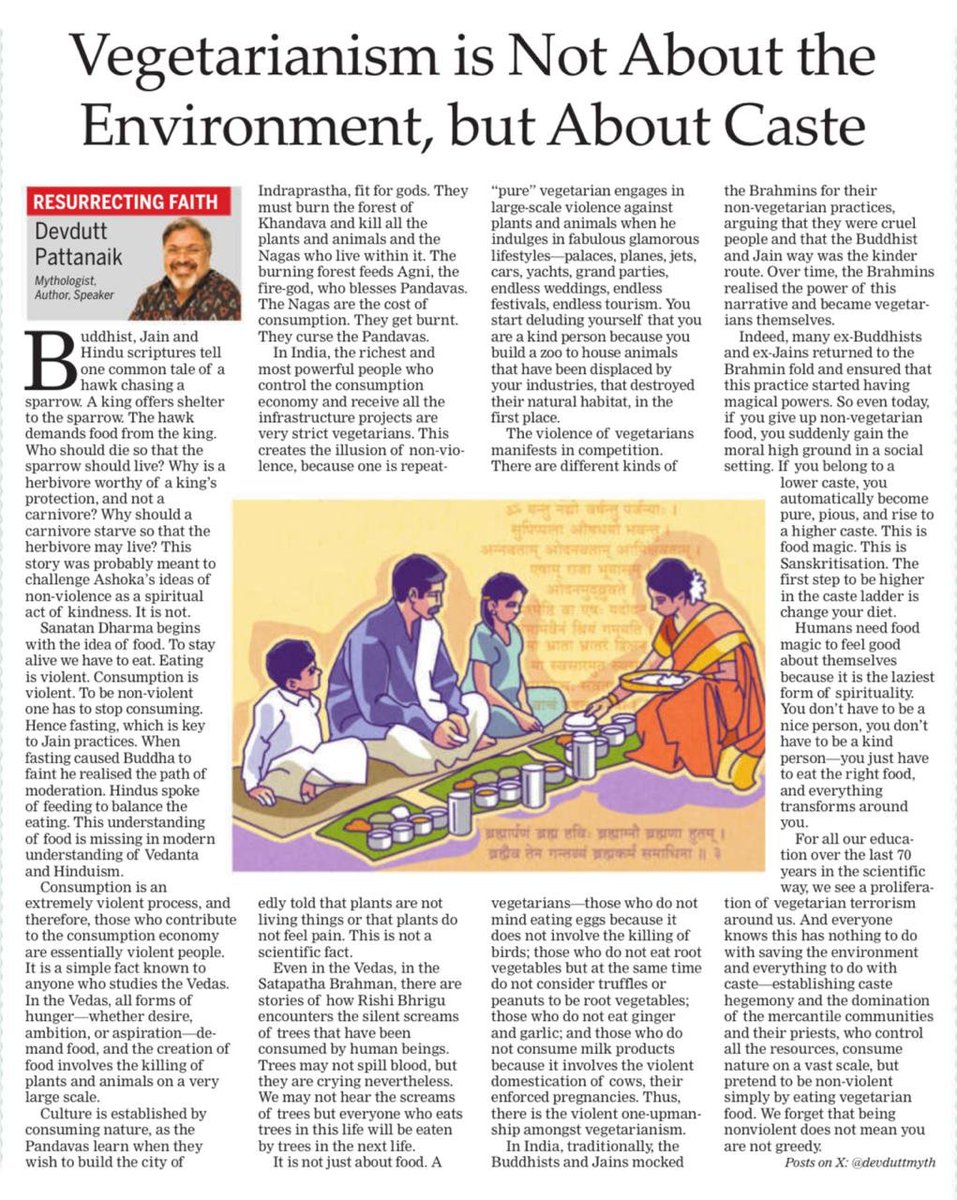 Pattanaik: "...we see a proliferation of vegertarian terrorism around us. And everyone knows this has nothing to do with saving the environment and everything to do with caste - establishing caste hegemony and the domination of the mercantile communities and their priests..."