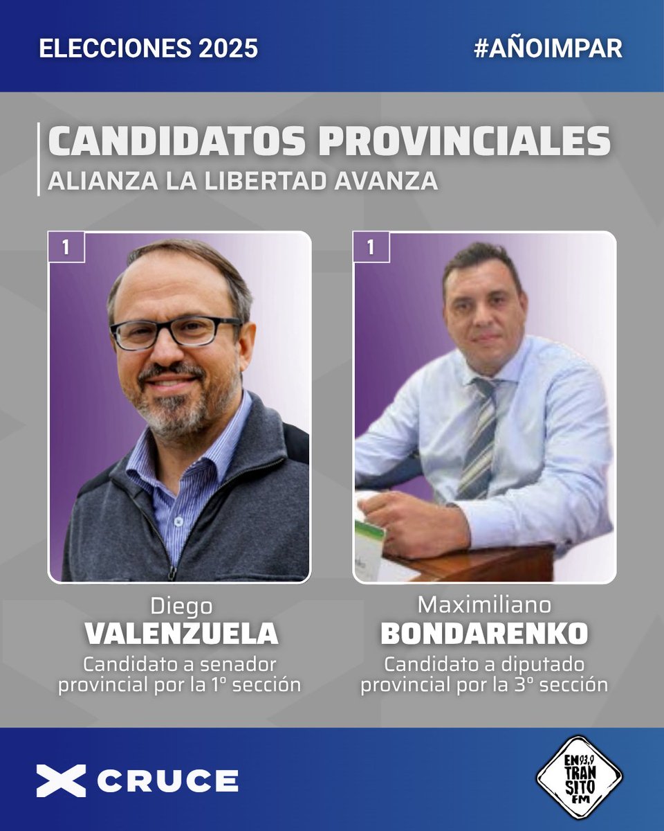 FM En Tránsito (@fmentransito) on Twitter photo #CierreDeListas | <a href="/dievalen/">Diego Valenzuela</a> será candidato a senador provincial por #LLA en la 1° sección.
Junto con Guillermo Montenegro en la 5°, el del intendente es el nombre más resonante de los candidatos a la Legislatura.
En la 3°, bastión del peronismo, irá el comisario Bondarenko. #CierreDeListas | <a href="/dievalen/">Diego Valenzuela</a> será candidato a senador provincial por #LLA en la 1° sección.
Junto con Guillermo Montenegro en la 5°, el del intendente es el nombre más resonante de los candidatos a la Legislatura.
En la 3°, bastión del peronismo, irá el comisario Bondarenko.