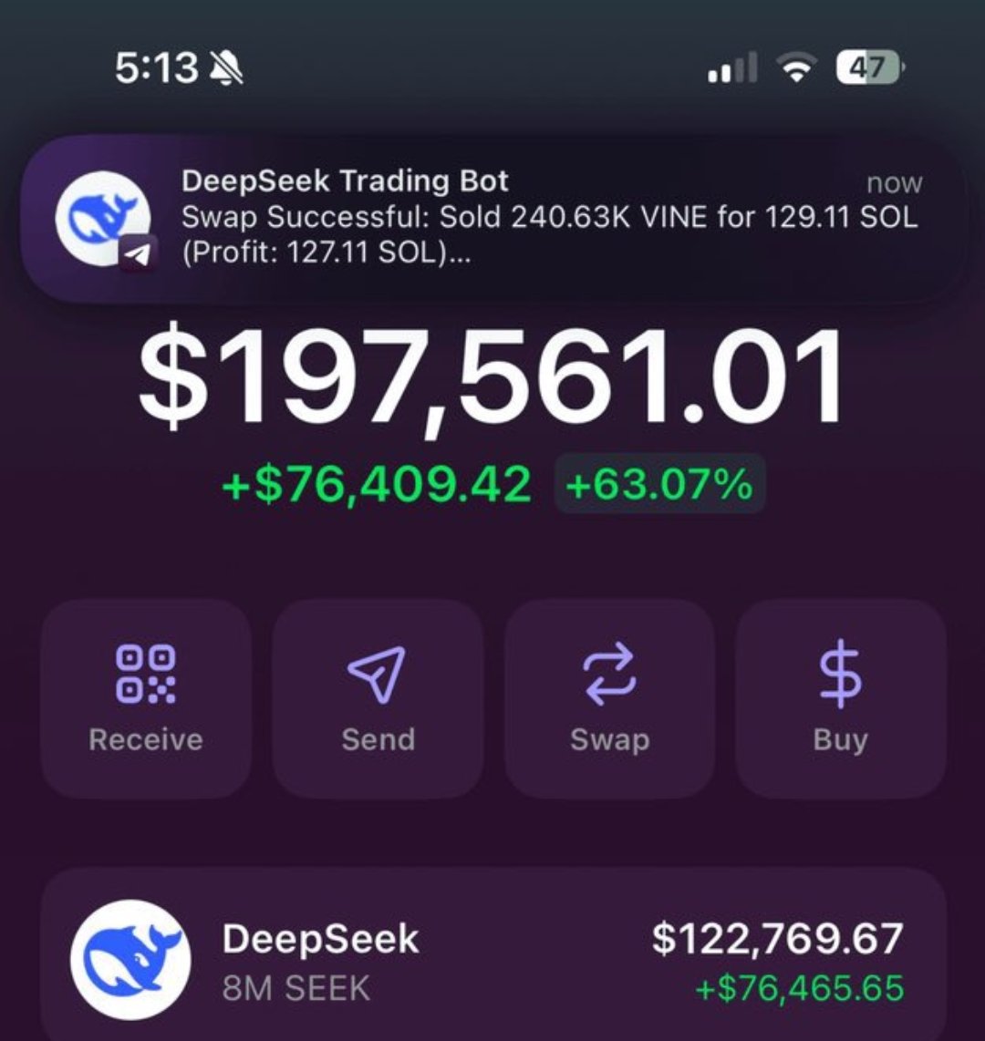 Anish Jaitwar (@anishjaitwar) on Twitter photo DeepSeek just turned $100 into $45K overnight.
This isn't a flex. It's facts.
Built an Al trading bot using DeepSeek And it literally prints crypto.
I'm sharing the exact bot for FREE
Want it?
1. Retweet
2. Like
3. Reply "DS"
4. Follow me <a href="/AnishJaitwar/">Anish Jaitwar</a> DeepSeek just turned $100 into $45K overnight.
This isn't a flex. It's facts.
Built an Al trading bot using DeepSeek And it literally prints crypto.
I'm sharing the exact bot for FREE
Want it?
1. Retweet
2. Like
3. Reply "DS"
4. Follow me <a href="/AnishJaitwar/">Anish Jaitwar</a>