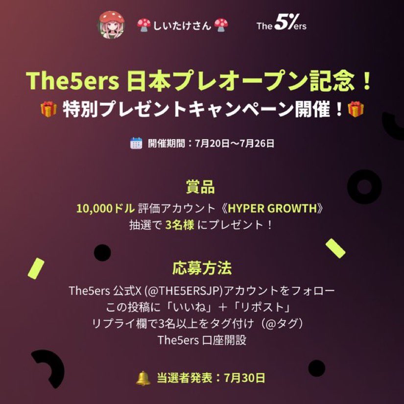 【Giveaway】

The5ersから10Kドル(約150万円)の評価アカウント《HYPER GROWTH》を3名にプレゼントです。

応募方法
①<a href="/The5ersJP/">ファイバーズ（The5ers.com）プロップファーム</a> と<a href="/chome_0310a/">🍄しいたけさん🍄</a> をフォロー
②この投稿をいいね＆RT
③リプ欄で3名のトレーダーをタグ付け
④以下のリンクから口座開設
the5ers.com/?afmc=xez