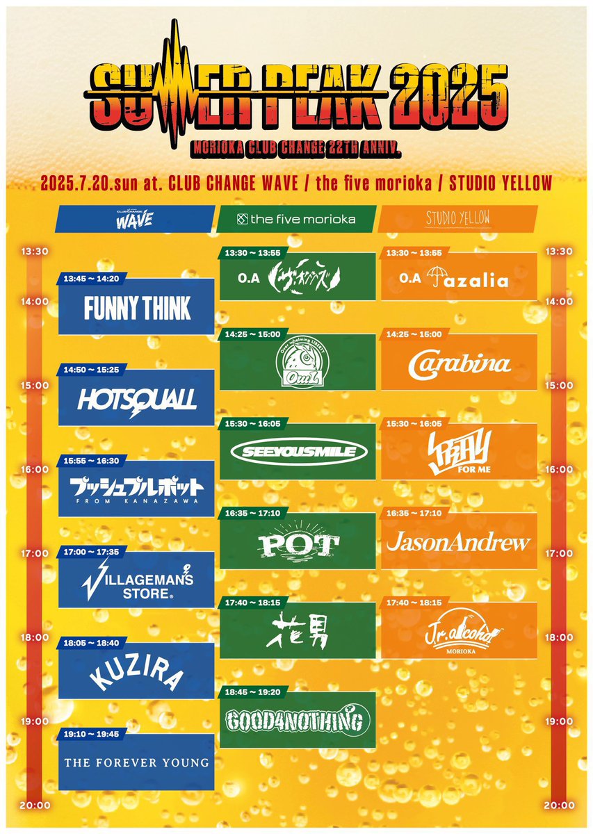 good4nothing_jp's tweet image. 物販は14:30頃より開始いたします!
7.20(日)
CLUBCHANGE WAVE /
the five morioka / STUDIO YELLOW
MORIOKA CLUB CHANGE 22TH ANNIV.
"SUMMER PEAK 2025"