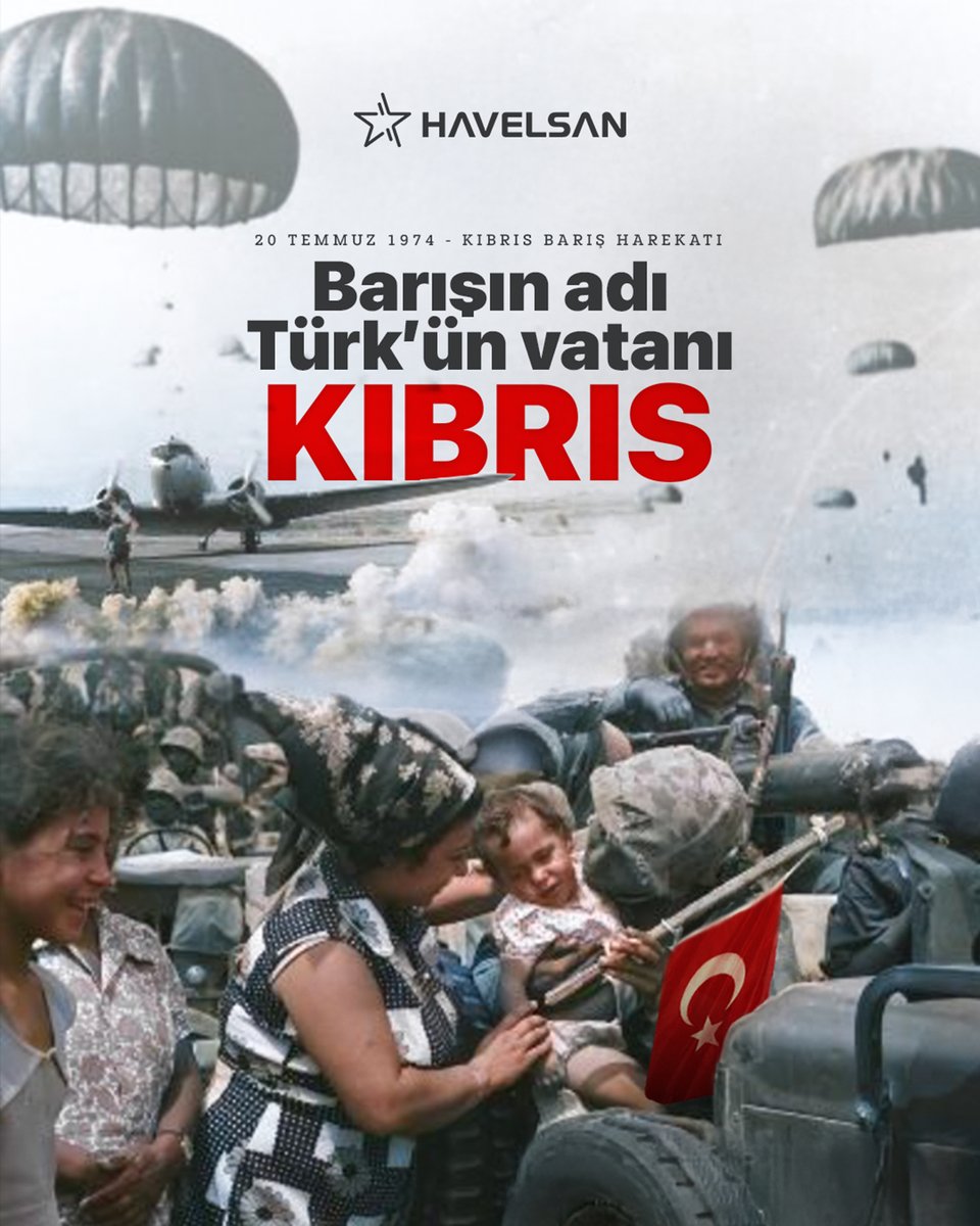 Barışın adı, Türk'ün vatanı Kuzey Kıbrıs Türk Cumhuriyeti 🇹🇷

Bugün Kıbrıs Türkü'nün gurur günü, bugün Kıbrıs Barış Harekâtı'nın 51'inci yıl dönümü. 20 Temmuz Barış ve Özgürlük Bayramı kutlu olsun. 
#KıbrısBarışHarekatı #20Temmuz