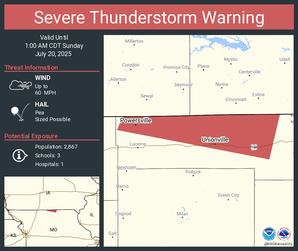 NWSKansasCity's tweet image. Severe Thunderstorm Warning including Unionville MO and Powersville MO until 1:00 AM CDT