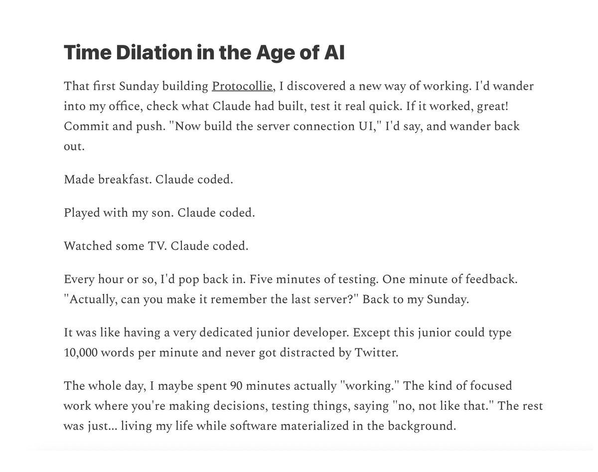 daniel_nguyenx's tweet image. Time Dilation in the Age of AI
"There's this strange time dilation that happens. You prompt. You go live your life. You come back to ten thousand lines of code. You spend 5 minutes reading. One sentence of feedback. Another ten thousand lines appear while you're making lunch."…