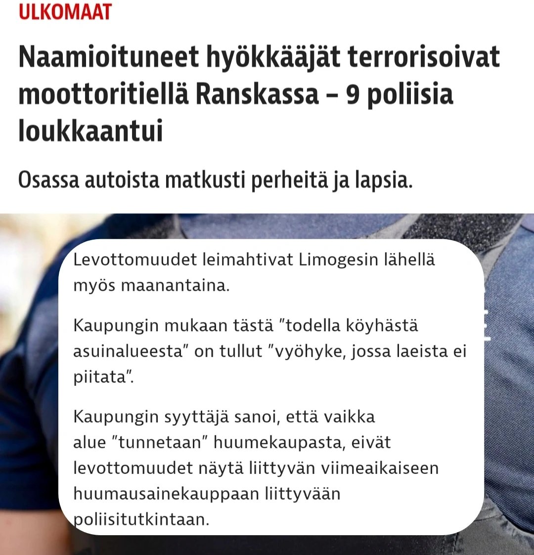 sami_kymalainen's tweet image. 100 naamioitunutta miestä hyökkää moottoritielle polttopullojen ja metalliputkien kanssa. @iltalehti_fi kertoo että alue on köyhä ja laeista ei piitata. Jättää kuitenkin kertomatta, ketkä niistä laeista eivät piittaa
(Suomessa hyökkääjät nimettäisiin varmasti espoolaismiehiksi).