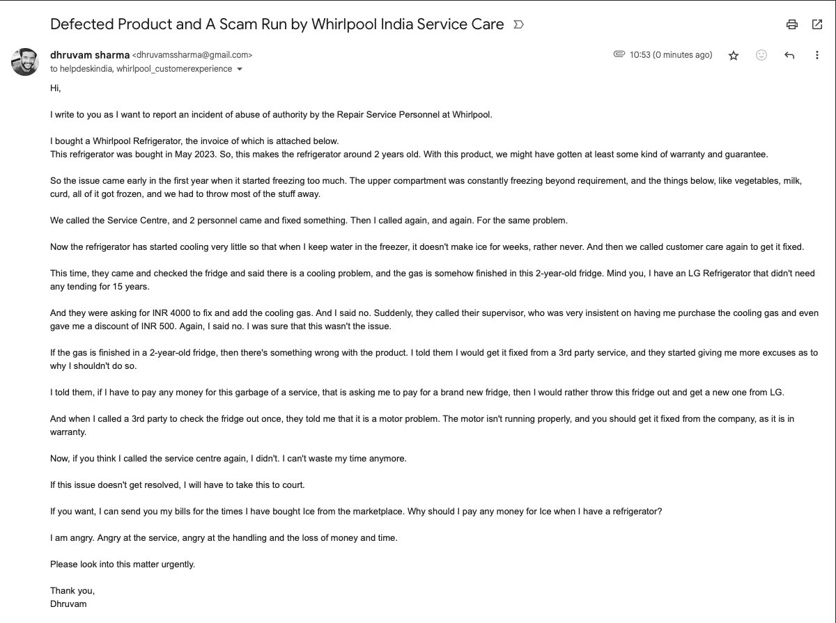 Dhruvam_Digest's tweet image. A Scam run by @WhirlpoolFi @whirlpool_india @whirlpoolusa @WhirlpoolCare_