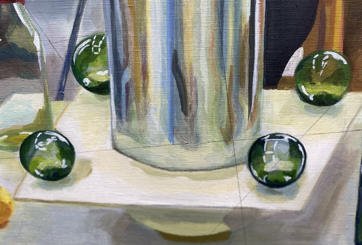 PRmw7's tweet image. ガラスの質感は
延々と描いていても
全く飽きないので

卒制……ガラスモチーフの
静物画でどうかな？
と思いました(作文。