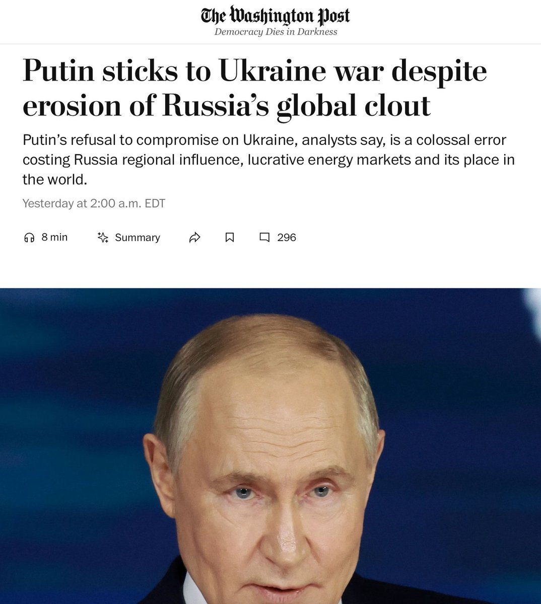 adagamov's tweet image. 🇺🇸 The Washington Post о стратегической слепоте Кремля, разрушительных последствиях войны в Украине и превращении конфликта в затяжное противостояние с Западом.
Почему Путин отверг мирные предложения Трампа, теряет союзников и международное влияние, но продолжает вести войну…