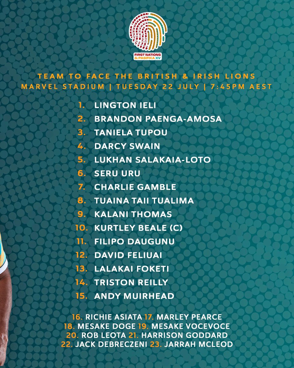 Your First Nations &amp; Pasifika XV to take on The Lions 🔥

The team celebrates our First Nations peoples, Samoan, Fijian, Tongan, Māori, and Cook Island cultures that contribute so greatly to the fabric of Australian rugby.

#LionsTour2025