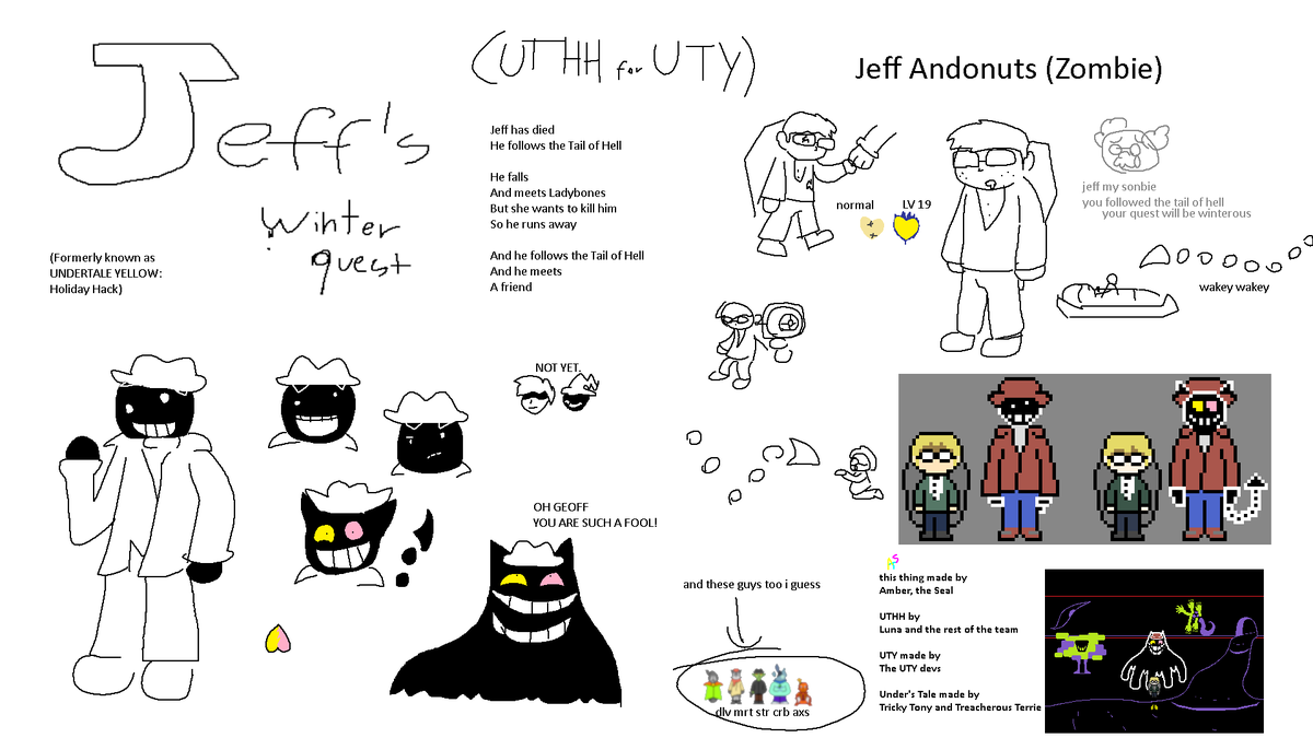 amber_the_seal's tweet image. Concept for a thing that takes one of my favorite Undertale AUs, @luunaxis&apos;s UT Halloween Hack. And makes a prequel that&apos;s basically UTHH but for UTY.

It&apos;s called Jeff&apos;s Winter Quest! It&apos;s about Jeff from EarthBound (as a zombie) going to the Underground and meeting a FRIEND.