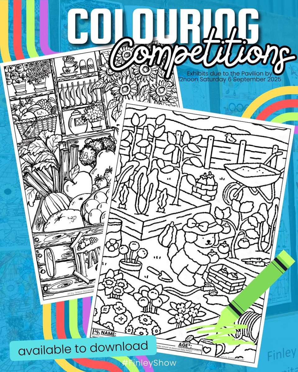 🖍️ The 2025 Colouring Competitions are ready to download!

🔗 DOWNLOAD NOW: finleyshowsociety.org/events-annuals…

📍 Exhibits due 12noon, Saturday 6 September for judging - an entry form is NOT needed for Colouring Competition entries.

#FinleyShow #FinleyShow2025 #AgShows #AgShowsNSW