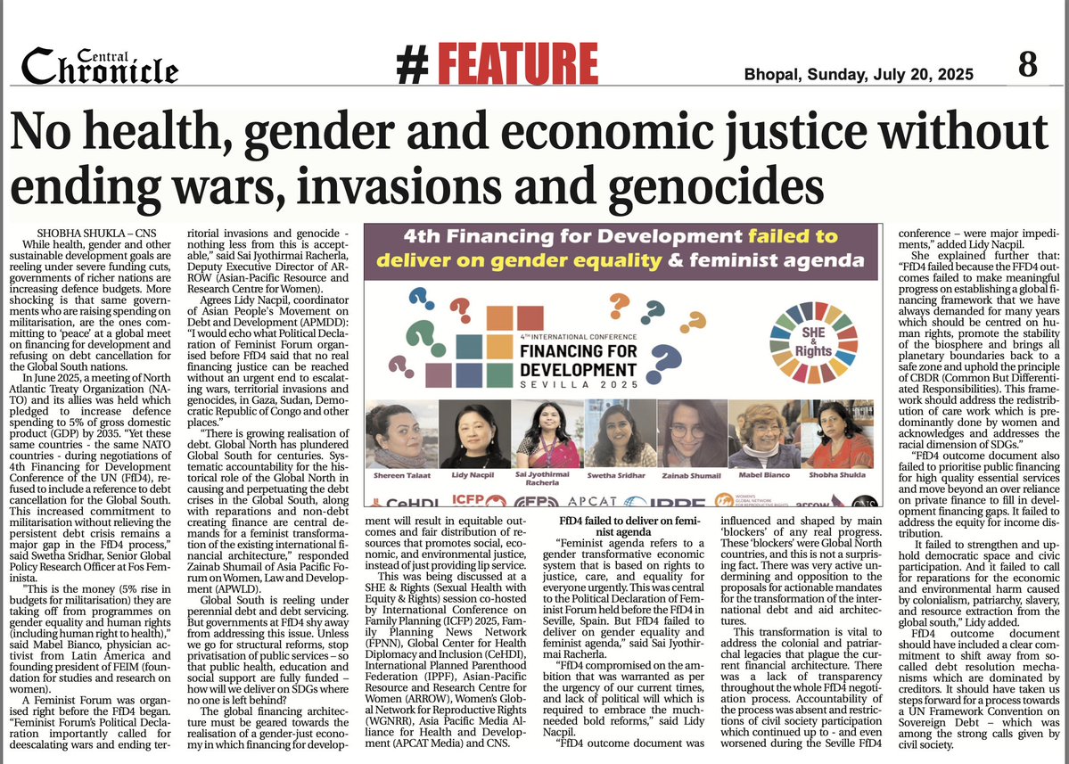 Shobha Shukla (@shobha1shukla) on Twitter photo #PublishedToday
🌀#EndDebt, #EndWars, invasions, #Genocides & prioritise #SDGs
Insights: Sai <a href="/ARROW_Women/">ARROW</a>, @LidyNacpil <a href="/AsianPeoplesMvt/">APMDD</a>, <a href="/shereent/">Shereen Talaat</a> @MENAFem, <a href="/swethasridhar92/">Swetha Sridhar</a> <a href="/Fos_Feminista/">Fòs Feminista</a>,Zainab @APWLD
🌀Central Chronicle
centralchronicle.com/epaper/archive…
🌀CNS
citizen-news.org/2025/07/no-hea… #PublishedToday
🌀#EndDebt, #EndWars, invasions, #Genocides & prioritise #SDGs
Insights: Sai <a href="/ARROW_Women/">ARROW</a>, @LidyNacpil <a href="/AsianPeoplesMvt/">APMDD</a>, <a href="/shereent/">Shereen Talaat</a> @MENAFem, <a href="/swethasridhar92/">Swetha Sridhar</a> <a href="/Fos_Feminista/">Fòs Feminista</a>,Zainab @APWLD
🌀Central Chronicle
centralchronicle.com/epaper/archive…
🌀CNS
citizen-news.org/2025/07/no-hea…