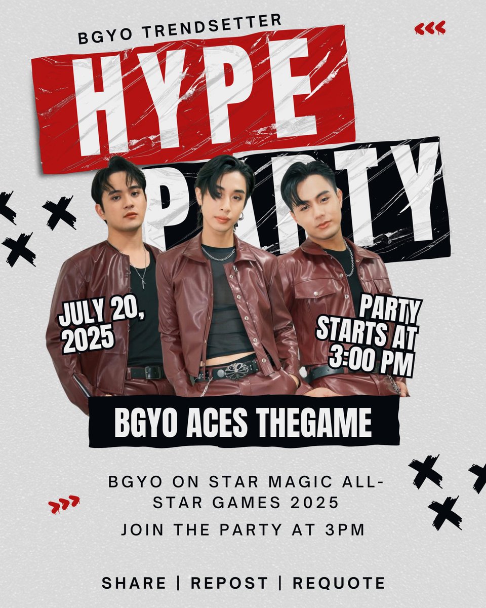 HYPE PARTY ALERT

IT'S TIME TO GET LOUD! 🗣️💥

 Join the hype party for BGYO's JL, Akira, and Mikki as they take the court and spike their way to victory in the Star Magic All-Star Games! 🏀🏐  

Please drop the tags!

BGYO ACES TheGAME

#BGYO <a href="/bgyo_ph/">BGYO_PH</a>
