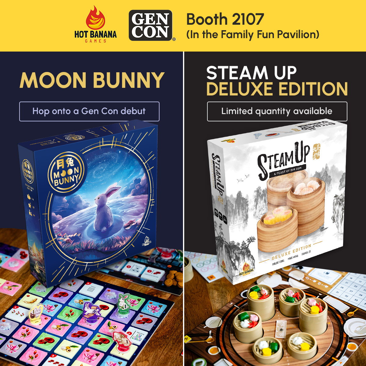 🎉 #GenCon 𝟮𝟬𝟮𝟱 𝗶𝘀 𝗛𝗘𝗥𝗘!
We're ready to bring the fun at Booth #2107 in the Family Fun Pavilion!

🌕🐇 Moon Bunny is making its Gen Con debut
🥟 Steam Up (Deluxe Edition) is back

Swing by Booth #2107 and say hi. 

#GenCon2025 #MoonBunny #SteamUp #IndieGames #Boardgames