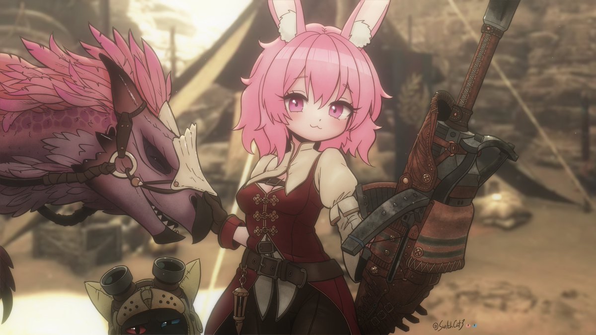 SwitchCat3's tweet image. I made this one when Wilds first came out, but I only posted it on Insta. Since I'm not doing much art, I figure I'd post it here too. @RemiVespertine is just a little bean trying to finish nursing school. If you see her streaming, be sure to say Hi. #vespArtine #MHWilds