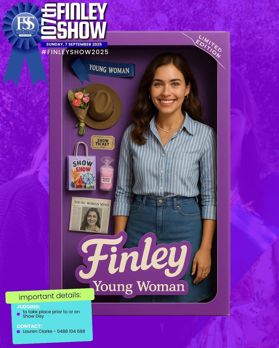 Are You:
💜 a young woman aged 18-26?
💜 passionate about the community &amp; the agricultural show movement?
💜 interested in, and have knowledge of, rural NSW?
💜 wanting to connect with like-minded people?

🔗 LEARN MORE: finleyshowsociety.org/finleyyoungwom…

#FinleyShow #FinleyShow2025