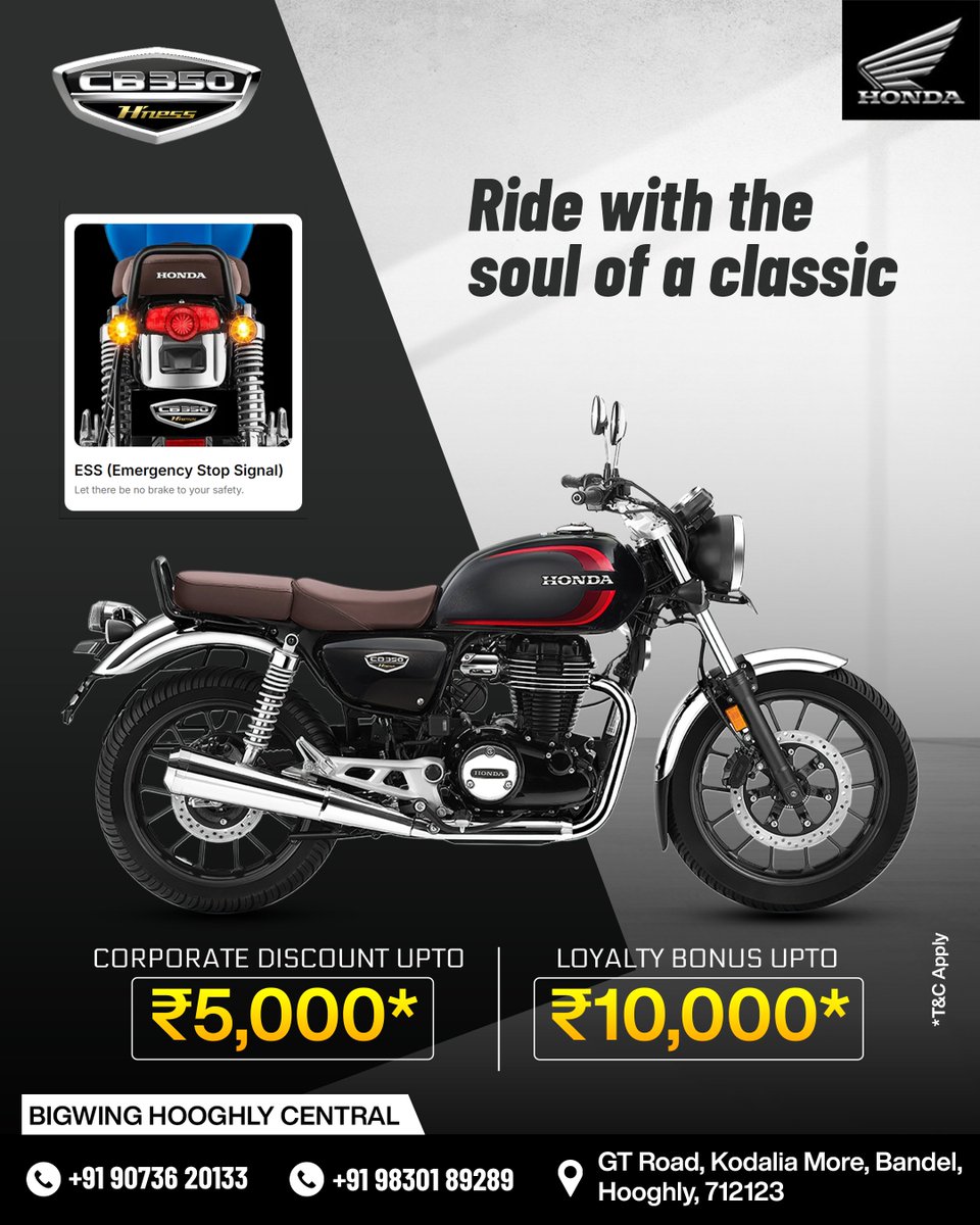 hondabigwing_'s tweet image. Experience the thrill of timeless design with modern performance.
Visit BigWing Hooghly Central and ride with pride.
📍 GT Road, Kodalia More, Bandel, Hooghly
📞 90736 20133 | 98301 89289
.
.
.
#HondaCB350 #HnessCB350 #RideWithPride