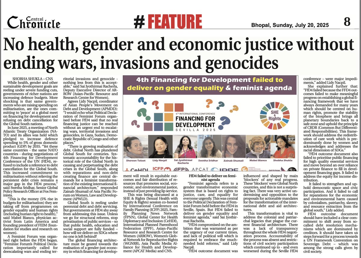 getalkslive's tweet image. #PublishedToday
🌀#EndDebt, #EndWars, invasions, #Genocides & prioritise #SDGs
Insights: Sai @ARROW_Women, @LidyNacpil @AsianPeoplesMvt, @shereent @MENAFem, @swethasridhar92 @Fos_Feminista,Zainab @APWLD
🌀Central Chronicle
centralchronicle.com/epaper/archive…
🌀CNS
citizen-news.org/2025/07/no-hea…