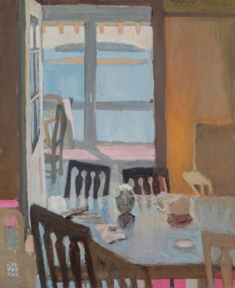 ahistoryinart's tweet image. 'The Porch Door,' (1962) captures Fairfield Porter's admiration for Henri Matisse, like him he depicts the typical and the individual at the same time, in this case the view from a window at his home on Great Spruce Head Island in Penobscot Bay, Maine.