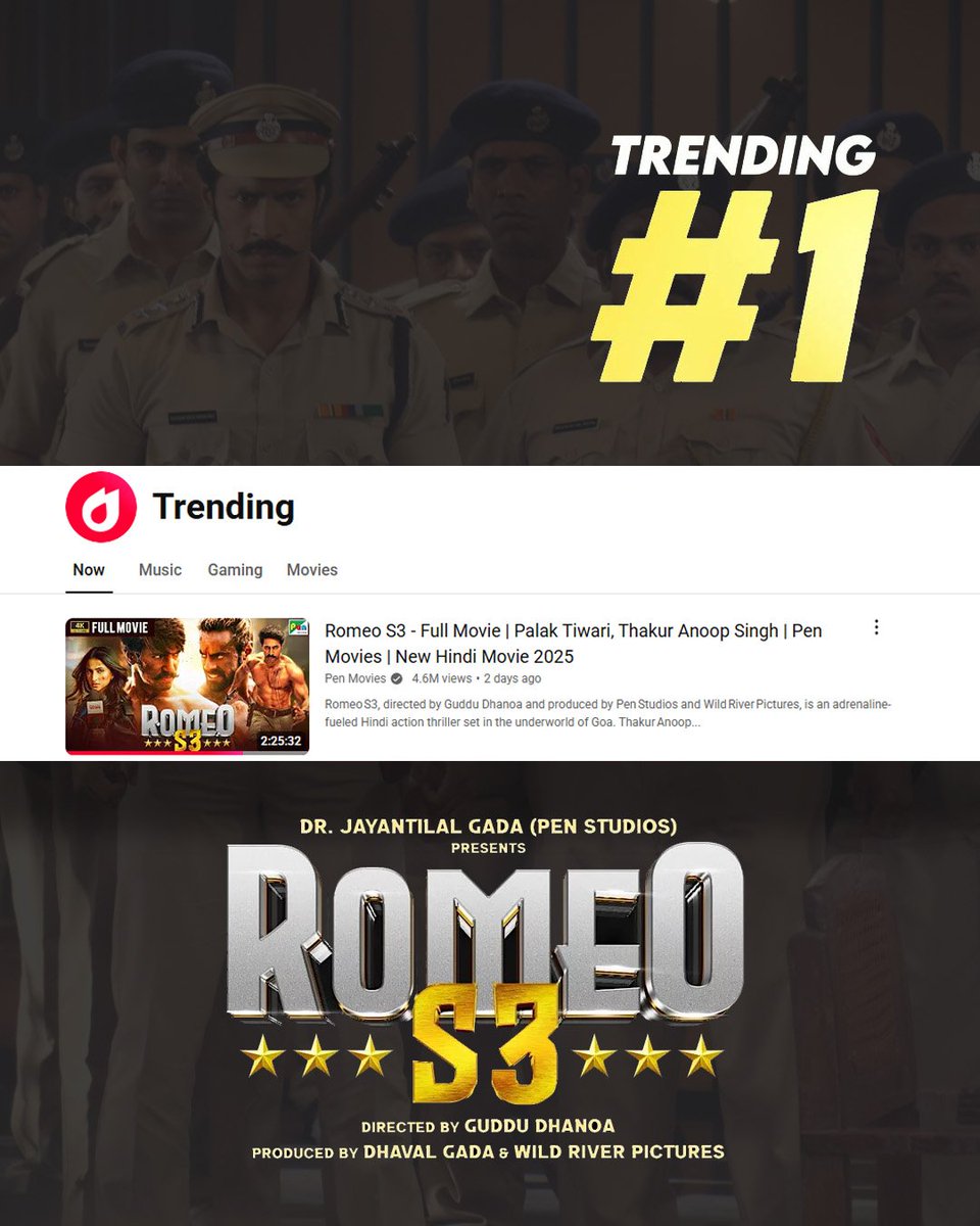 Trending #1 on YouTube! 💥 

#RomeoS3 is now streaming on Amazon Prime &amp; Pen Movies YouTube.🔥🎬 

YouTube 🔗 - lnk.bio/s/RomeoS3YouTu… 

Prime 🔗 - lnk.bio/s/RomeoS3Prime… 

#RomeoS3onPrime #RomeoS3onPenMovies  #RomeoS3 #StreamingNow #TrendingonYouTube 

<a href="/ActorAnupSingh/">Thakur Anup Singh</a>