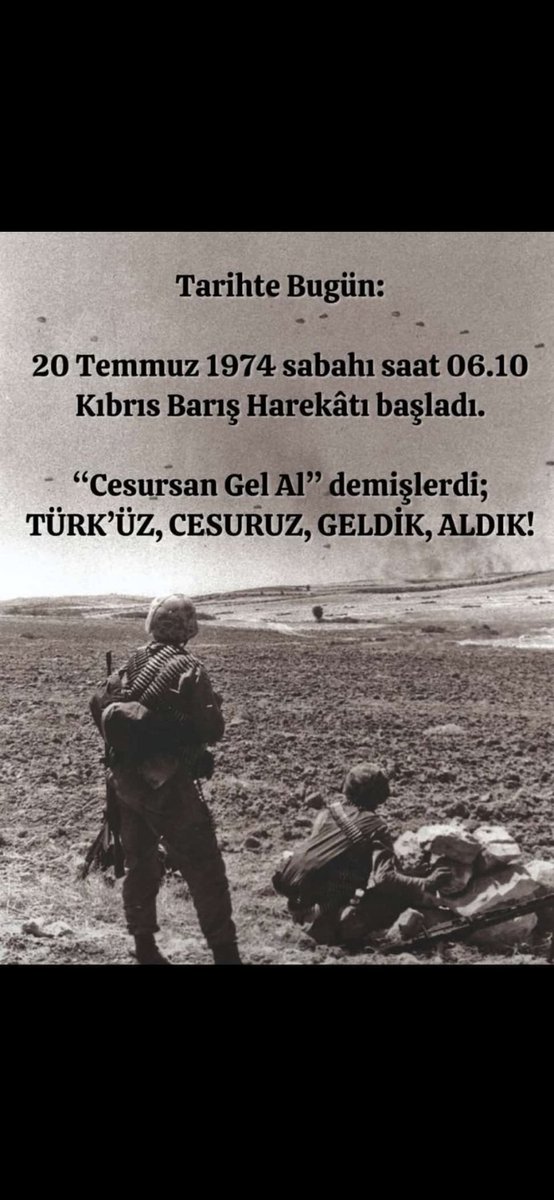 51 yıl önce bugün "Ayşe tatile çıksın."denilerek başlayan ve zaferimiz ile sonuçlanan Kıbrıs Barış Harekatı'nın yıl dönümü kutlu olsun.Sayın Bülent Ecevit'i,Rauf Denktaş'ı,Cengiz Topel'i,Muzaffer Tekin'i ve tüm ŞEHİTLERİMİZİve Gazilerimizi saygı anıyorum.#KıbrısBarışHarekatı