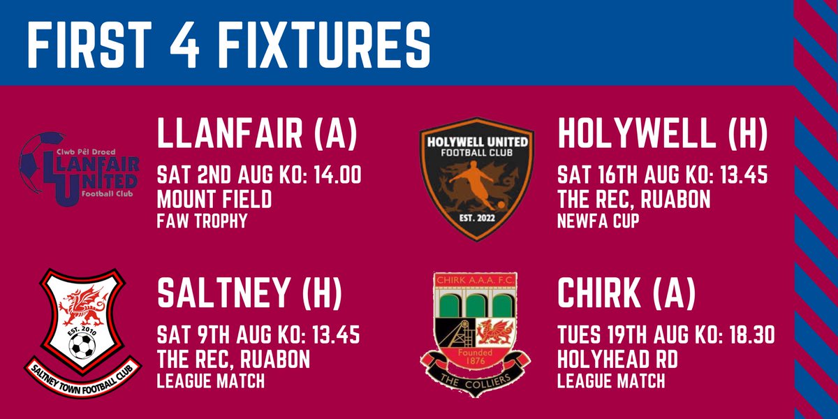 FIXTURES 

A busy August awaits as Rovers get ready to start the season away at Llanfair United FC in the FAW Trophy. 

#OurVillageOurTeam