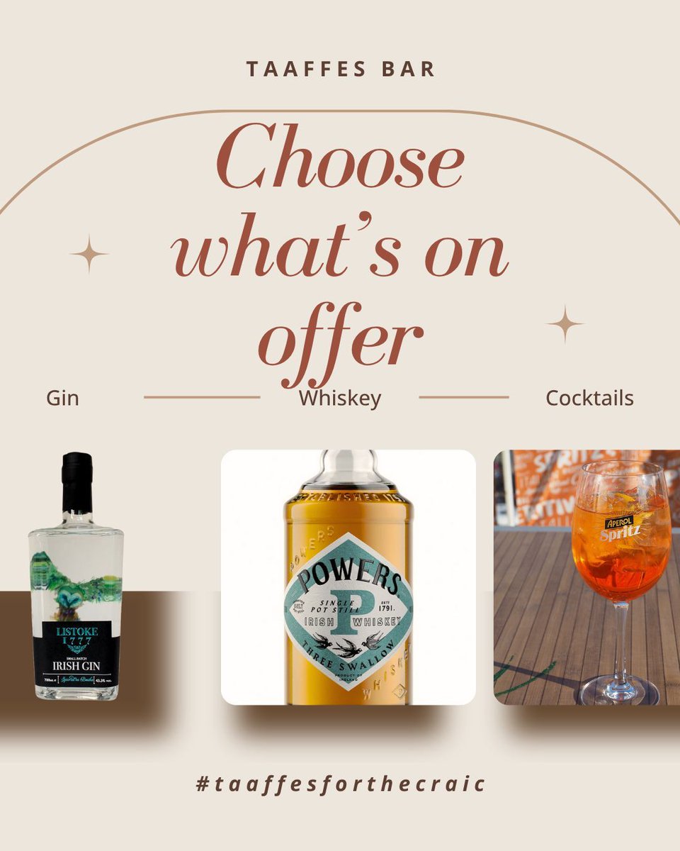New month new specials 🤩

Listoke gin and Schweppes tonic for €9.70 and Powers Three Swallows whiskey for €7.90 🥃 

And if you’re in the mood for something refreshing try our Aperol Spritz for €11 😉 

#taaffesforthecraic