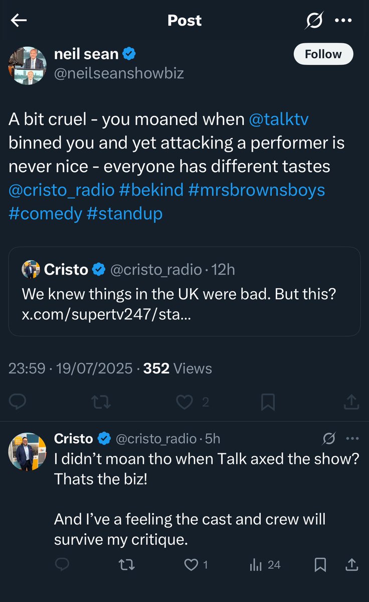 cristo_radio's tweet image. Apparently this exchange warranted @neilseanshowbiz to block me! 

A showbiz reporter who doesn’t like reasonable critiques of showbiz. Unless it’s on his time line of course.

Bizarre.