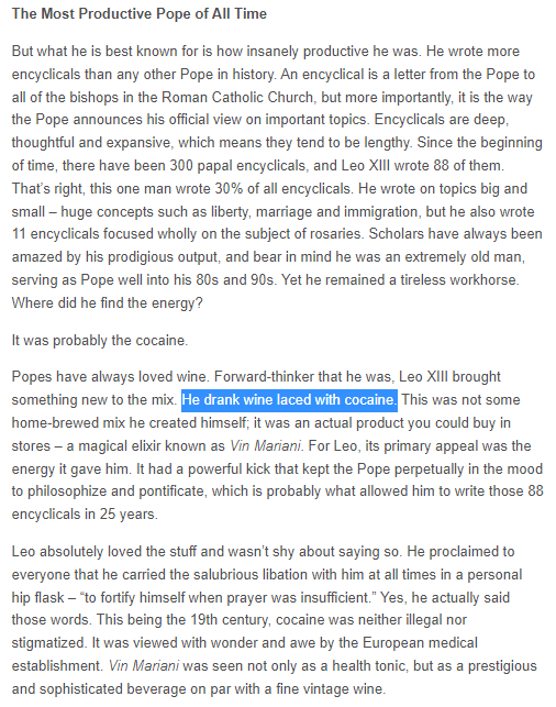 panickssery's tweet image. Hyper-productive late-19th-century Pope Leo XIII (after whom the current Pope Leo chose his name) took cocaine “to fortify himself when prayer was insufficient”
