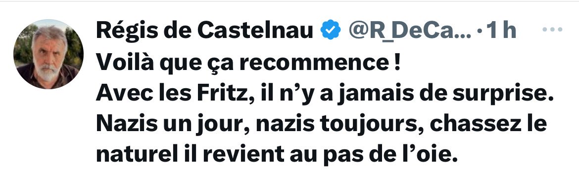 Est ce qu’on a vu récemment plus raciste idiote et totalement abjecte que cette affirmation!
<a href="/R_DeCastelnau/">Régis de Castelnau</a> est un fou furieux abruti et dangereux.