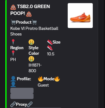 The_Shit_Bot's tweet image. Yo @miggyyd, TSB2 💩 just pooped 1x Kobe VI Protro (PH US10.5, IH1871-800) in guest mode! Card maxed 🔒💳 Orange heat locked 🔥 Flip season loading…🚀