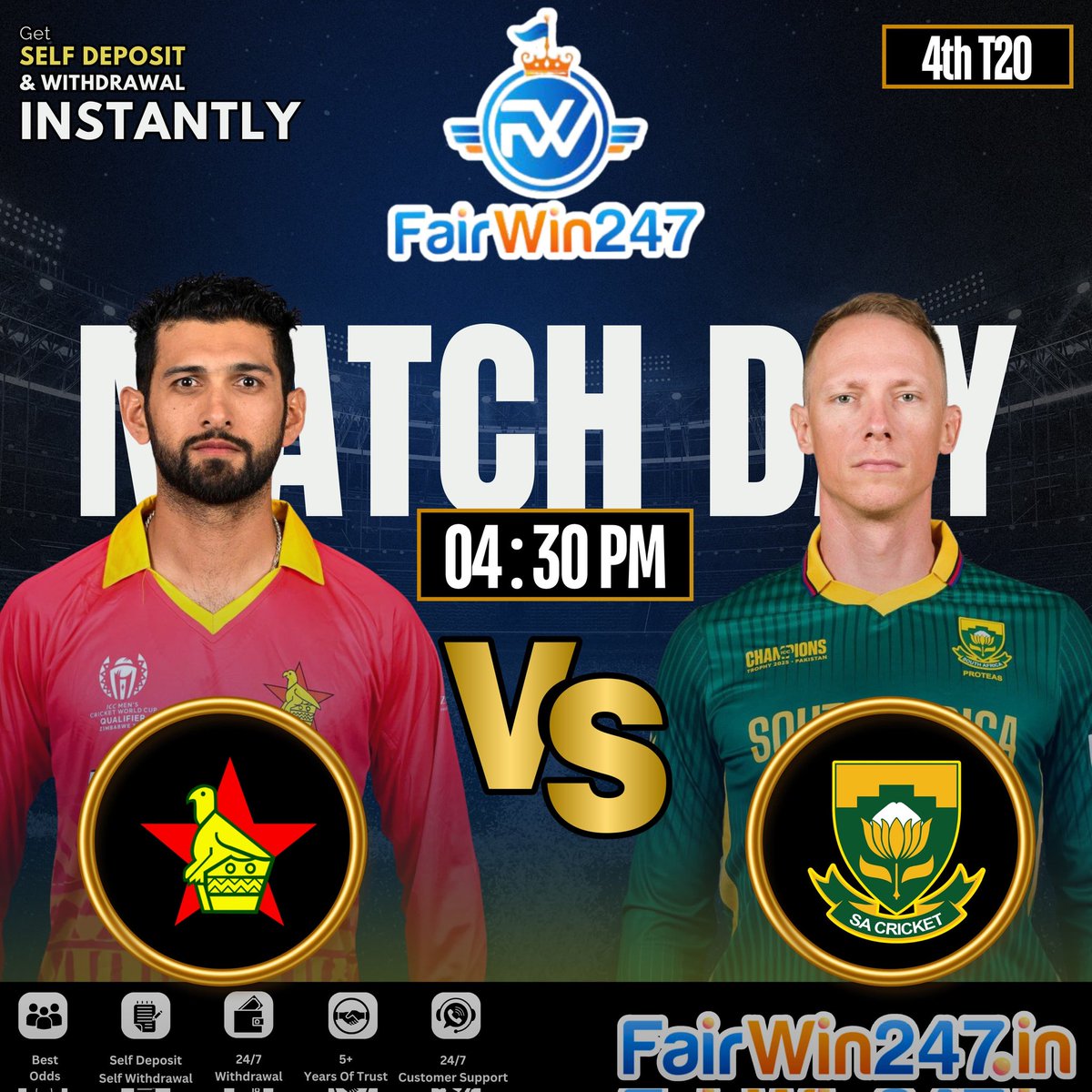 FairWin_247's tweet image. The Must Win Match for Chevrons...🇿🇼!!!
Can They Stay Alive in this Tri-Series or its Day for 🇿🇦SA...🤔?
🌐 Join Now at bit.ly/Fairwin247
🔹User-Friendly Site
🔹Fast Deposits and Withdrawals
🔹Manual Crypto Option
🔹24×7 Customer Support
#FairWin247 | #ZIMvSA | #T20Is