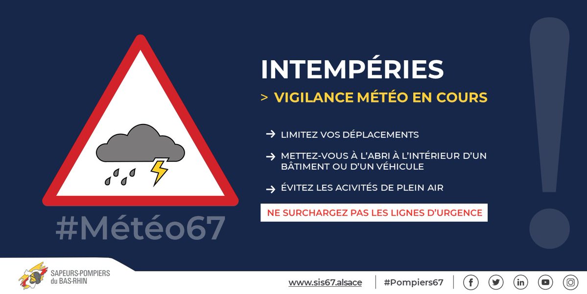 [#VIGILANCE #Orages🟧] ⚠️Le Bas-Rhin est placé en #Vigilance orange ⛈️.
Limitez vos déplacements et suivez les conseils de prévention des #Pompiers67 ➡️ bit.ly/3FlG45g 
📞le 18 en cas d'urgence uniquement !
Restez informés #Meteo67 
<a href="/VigiMeteoFrance/">VigiMétéoFrance</a>